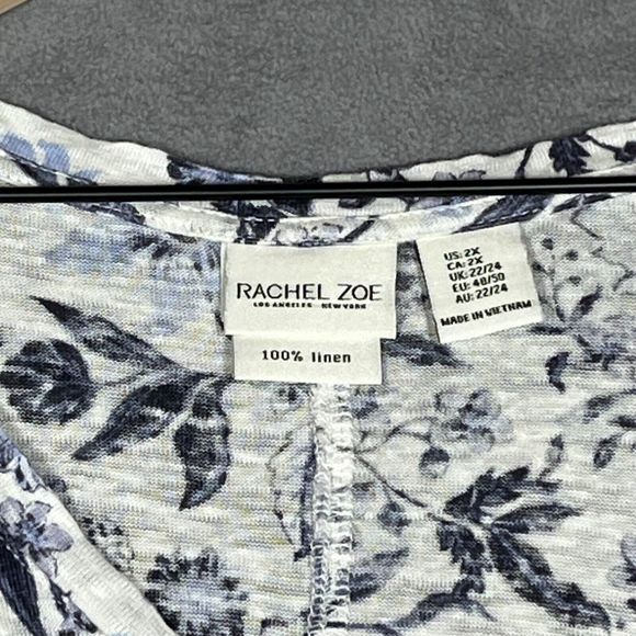 Rachel Zoe Womens Top Plus Size 2X Blue White Floral Linen 3/4 Sleeve Scoop Neck - Picture 4 of 8